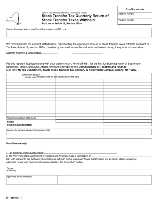Form Mt-650 - Stock Transfer Tax Quarterly Return Of Stock Transfer Taxes Withheld Printable pdf