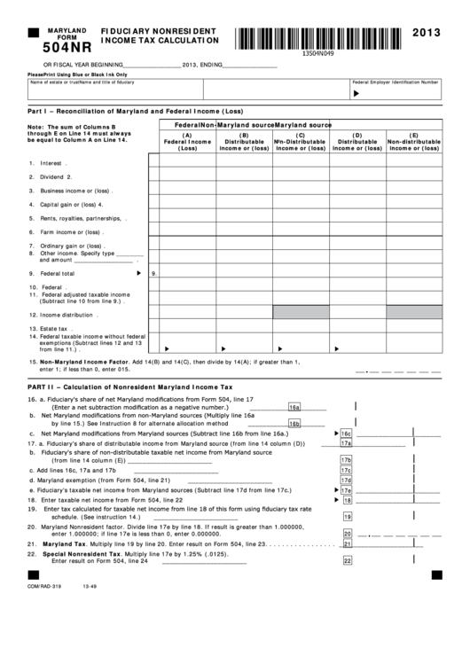 Fillable Maryland Form 504nr - Fiduciary Nonresident Income Tax Calculation - 2013 Printable pdf