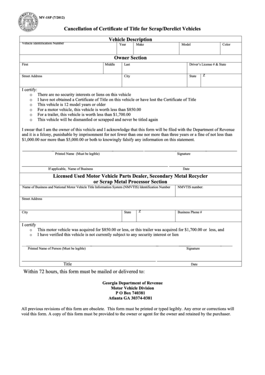 Fillable Form Mv-1sp - Cancellation Of Certificate Of Title For Scrap/derelict Vehicles Printable pdf
