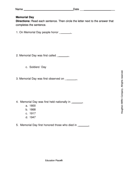 Memorial Day Quiz Template Printable pdf