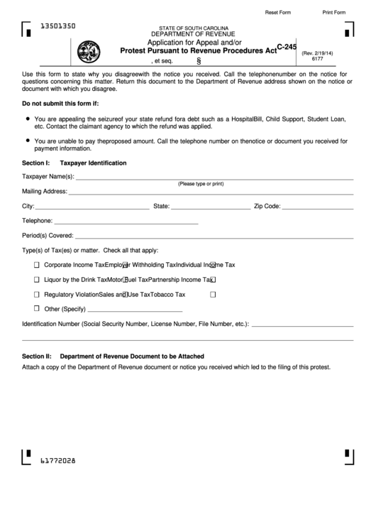 Fillable Form C-245 - Application For Appeal And/or Protest Pursuant To Revenue Procedures Act Printable pdf