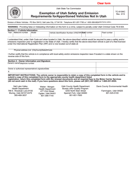 Fillable Form Tc-810mc - Exemption Of Utah Safety And Emission Requirements For Apportioned Vehicles Not In Utah Printable pdf