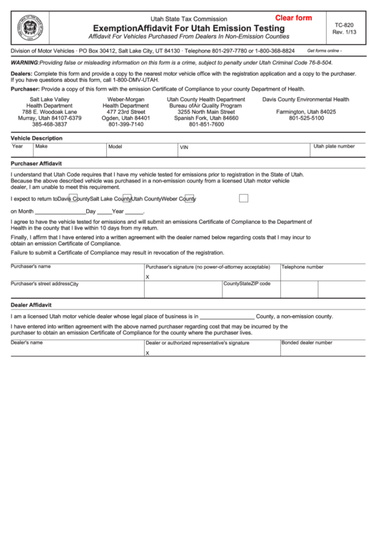 Fillable Form Tc-820 - Exemption Affidavit For Utah Emission Testing Printable pdf
