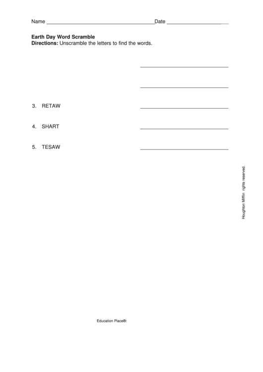 Earth Day Word Scramble Printable pdf