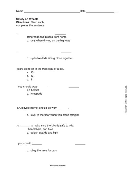Safety On Wheels Quiz Template Printable pdf