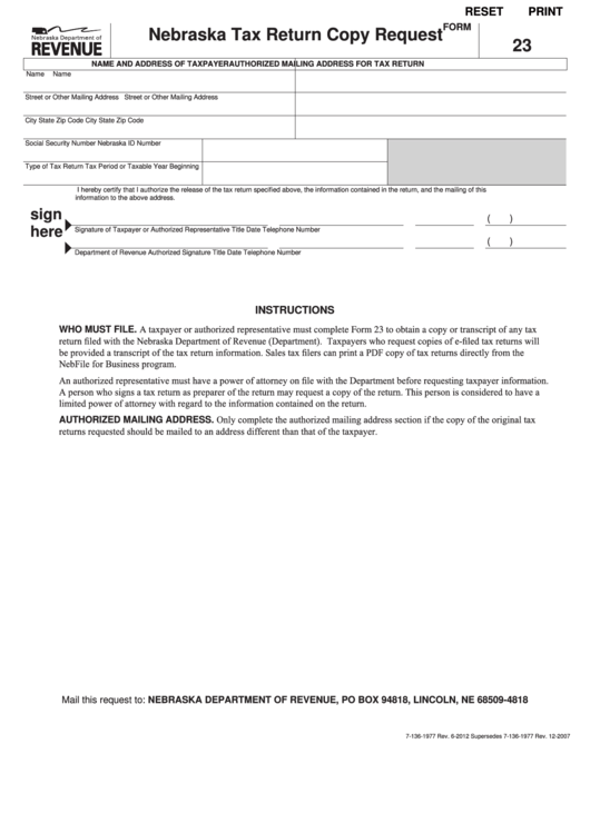 Fillable Form 23 Nebraska Tax Return Copy Request Printable Pdf Download