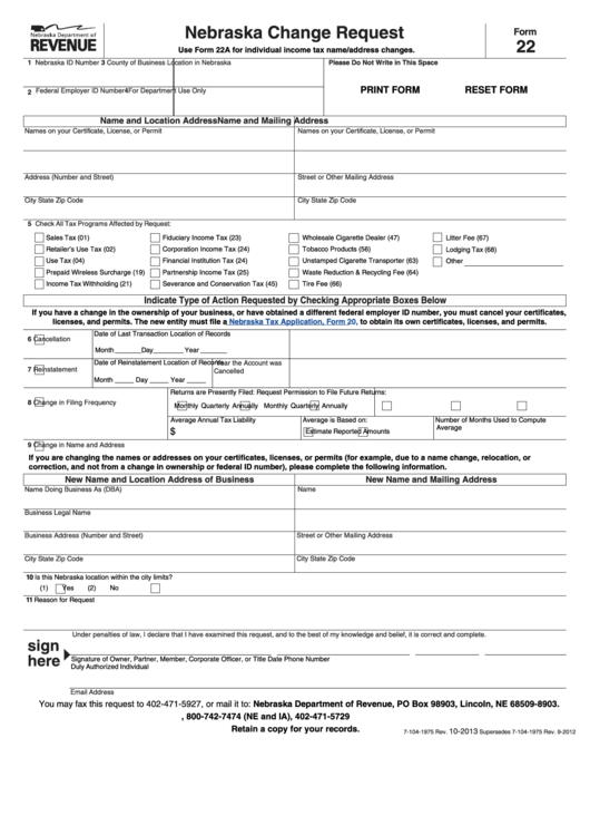 Fillable Form 22 - Nebraska Change Request Printable pdf