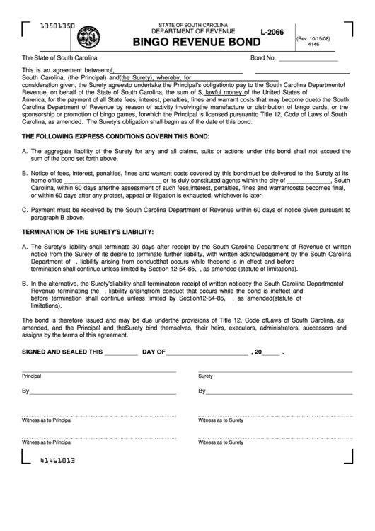 Form L-2066 - Bingo Revenue Bond Printable pdf