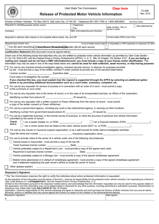 Fillable Form Tc-890 - Release Of Protected Motor Vehicle Information Printable pdf