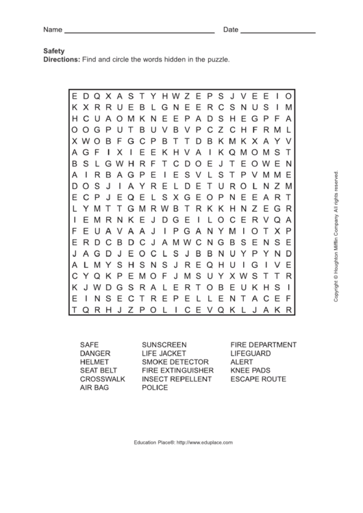 Safety Word Search Puzzle Template Printable pdf