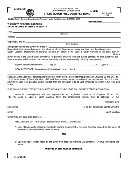 Form L-2080 - State Motor Fuel User Fee Bond Printable pdf