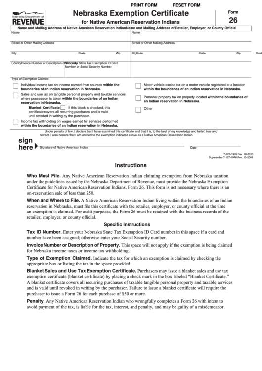 Fillable Form 26 - Nebraska Exemption Certificate For Native American Reservation Indians Printable pdf