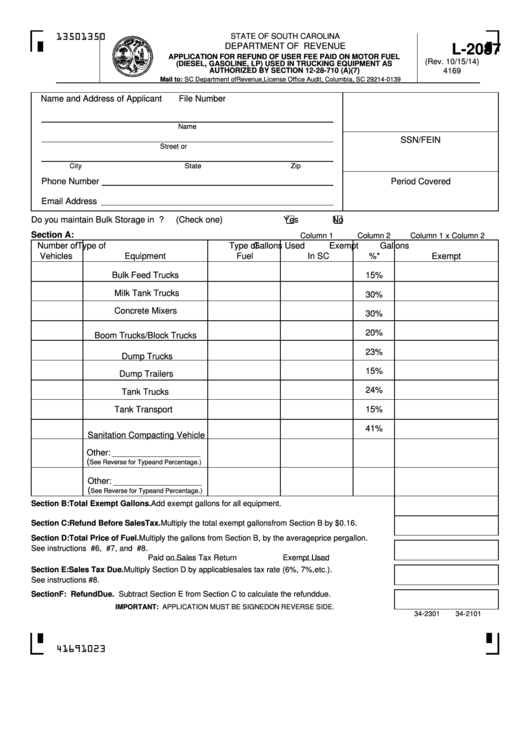Form L-2087 - Application For Refund Of User Fee Paid On Motor Fuel (Diesel, Gasoline, Lp) Used In Trucking Equipment Printable pdf