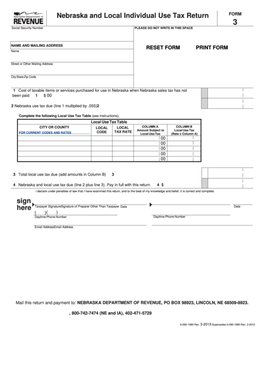 Fillable Form 3 - Nebraska And Local Individual Use Tax Return Printable pdf