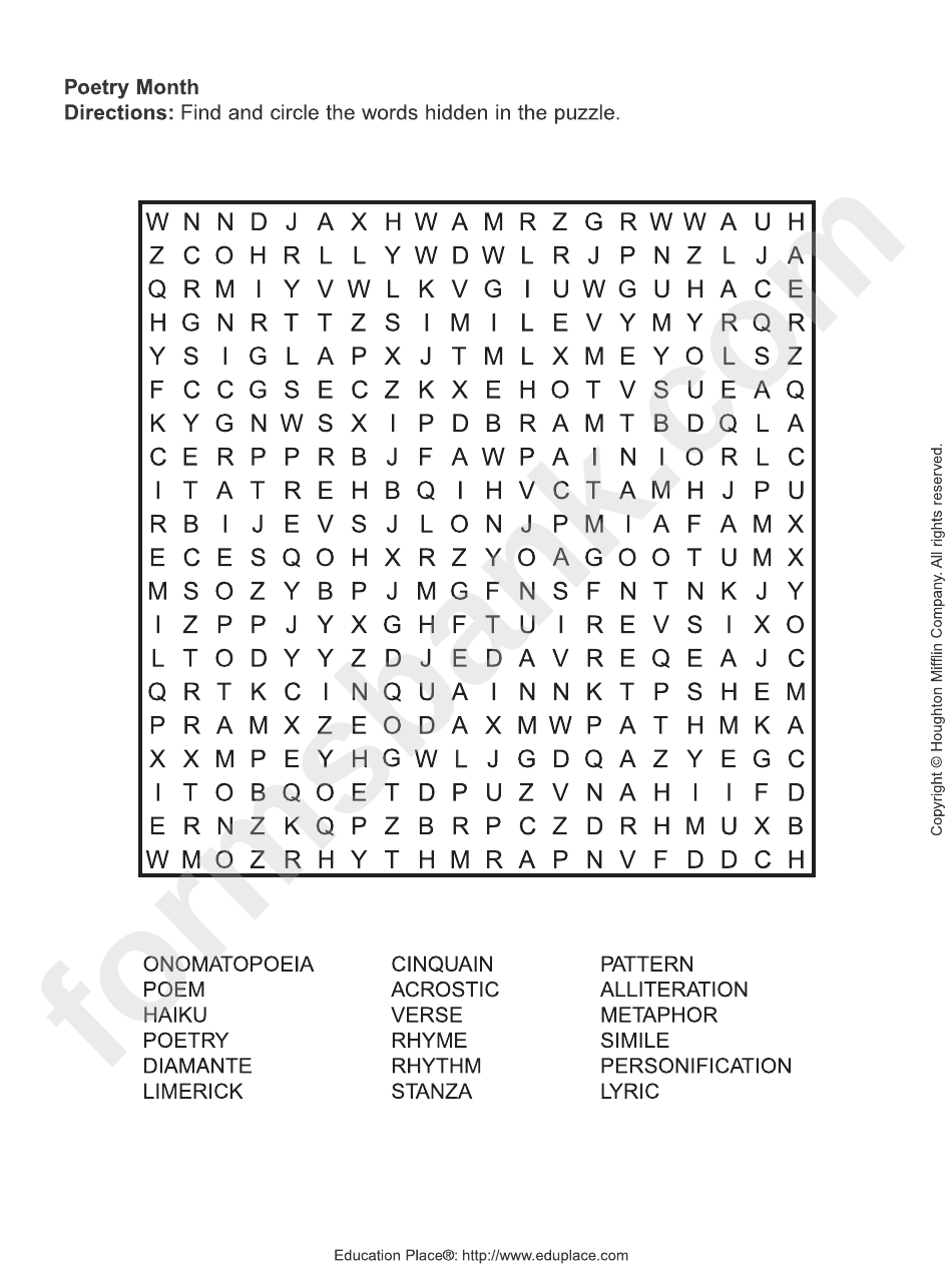 Poetry Month Word Search Puzzle Template Printable Pdf Download