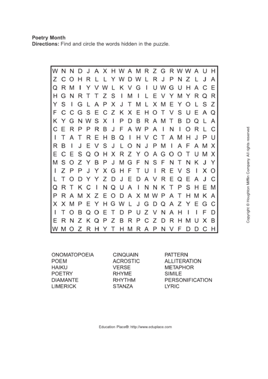 Poetry Month Word Search Puzzle Template printable pdf download