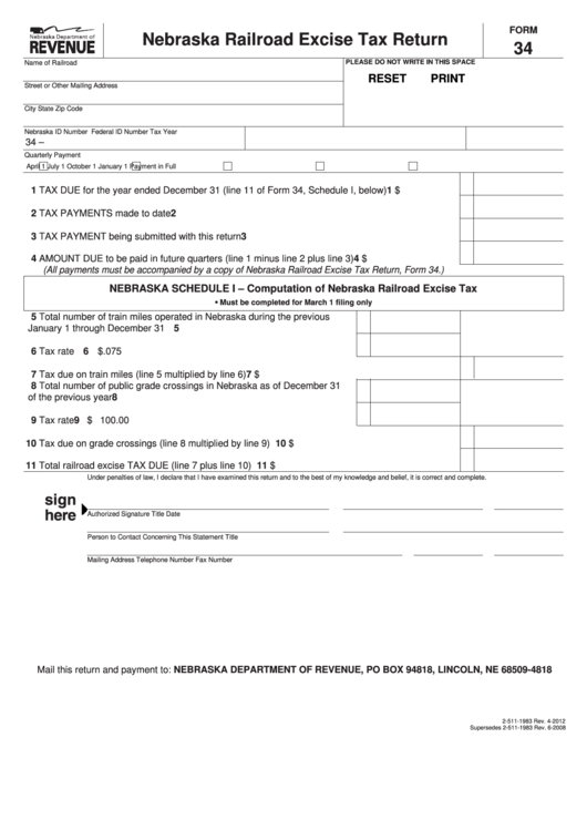 Fillable Form 34 - Nebraska Railroad Excise Tax Return Printable pdf