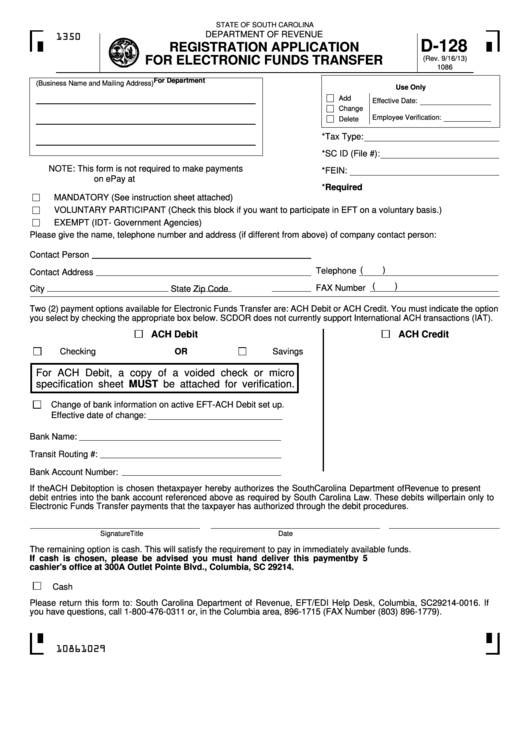 Form D-128 - Registration Application For Electronic Funds Transfer Printable pdf