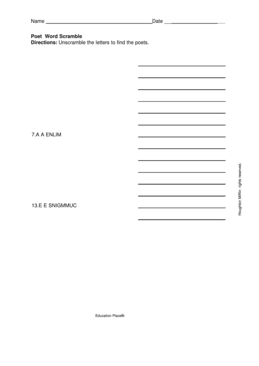 Poet Word Scramble Printable pdf