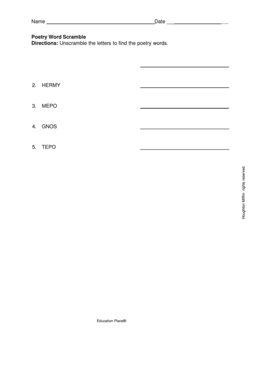 Poetry Word Scramble Printable pdf