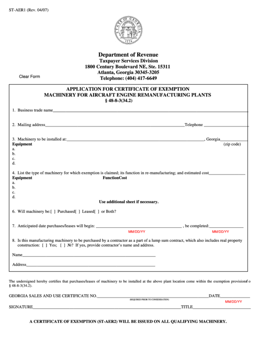 Fillable Form St-Aer1 - Application For Certificate Of Exemption Machinery For Aircraft Engine Remanufacturing Plants Printable pdf