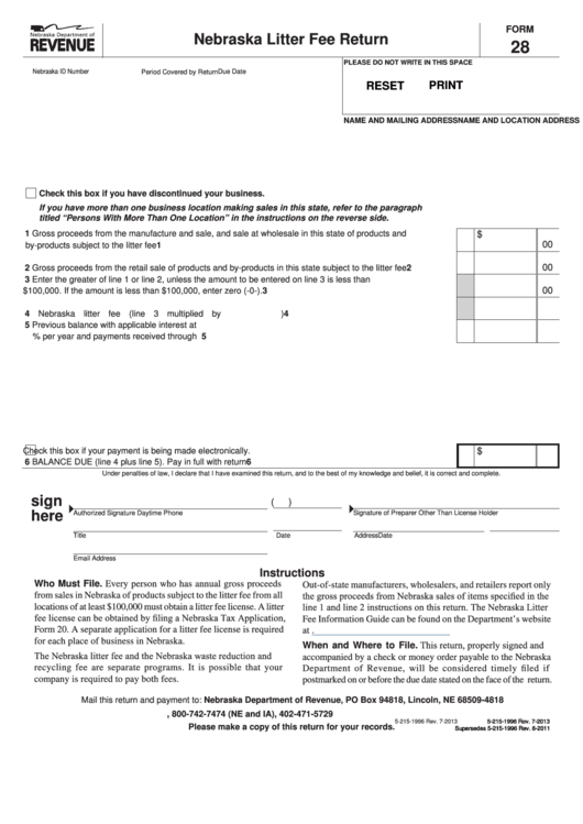Fillable Form 28 - Nebraska Litter Fee Return Printable pdf