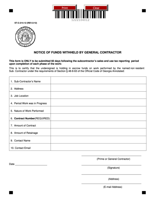 Fillable Form St-C-214-12 - Notice Of Funds Withheld By General Contractor Printable pdf