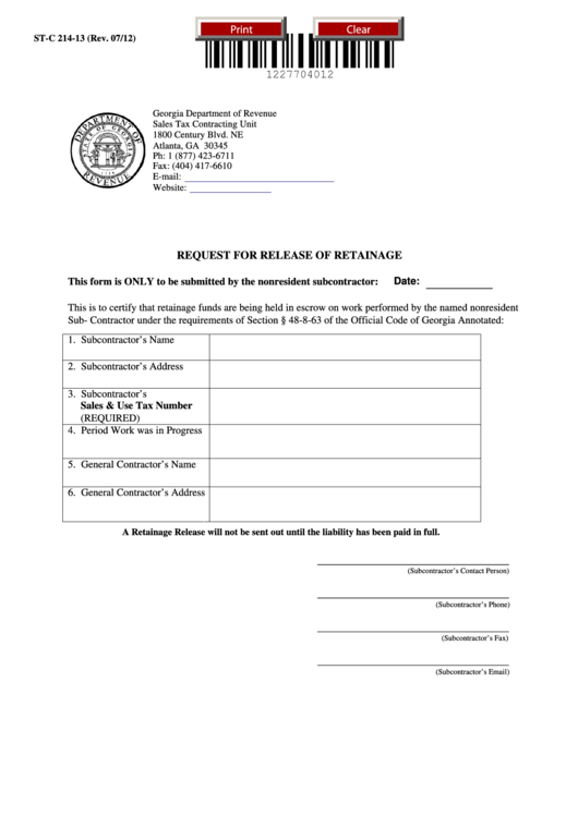 Fillable Form St-C 214-13 - Request For Release Of Retainage Printable pdf