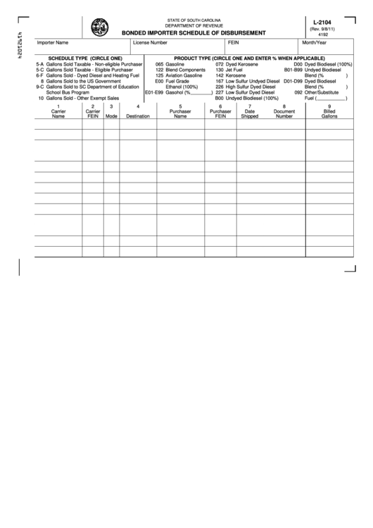Form L-2104 - Bonded Importer Schedule Of Disbursement Printable pdf