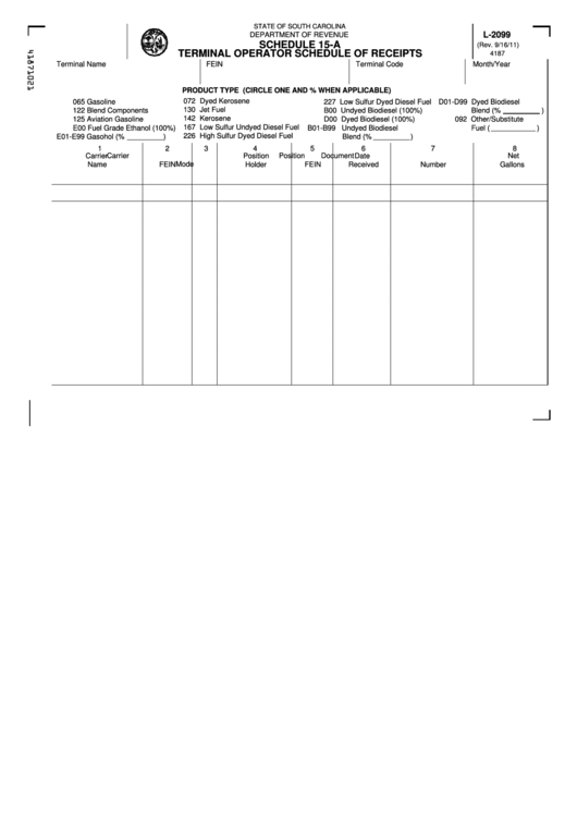 Form L-2099 - Schedule 15-A - Terminal Operator Schedule Of Receipts Printable pdf
