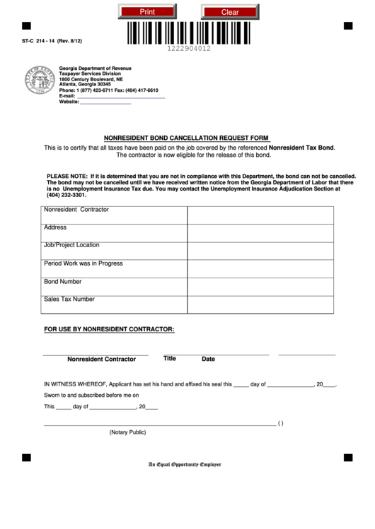 Fillable Form St-C 214-14 - Nonresident Bond Cancellation Request Form Printable pdf