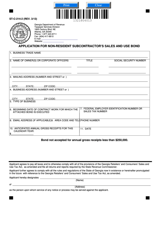 Fillable Form St-C-214-2 - Application For Non-Resident Subcontractor