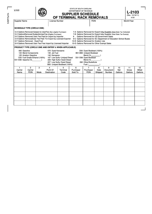 Form L-2103 - Supplier Schedule Of Terminal Rack Removals Printable pdf
