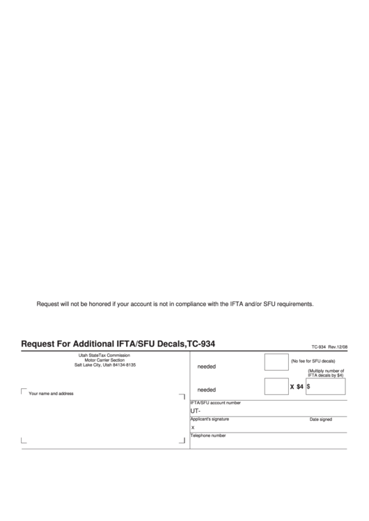 Fillable Form Tc-934 - Request For Additional Ifta/sfu Decals Printable pdf