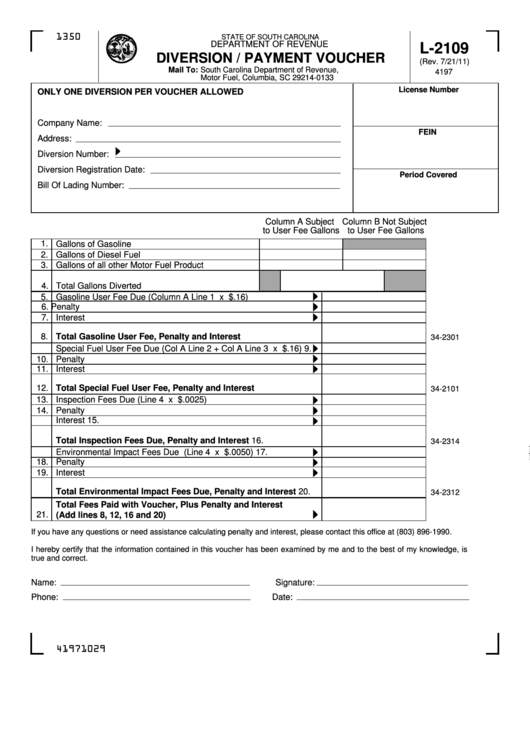 Fillable Form L-2109 - Diversion / Payment Voucher Printable pdf