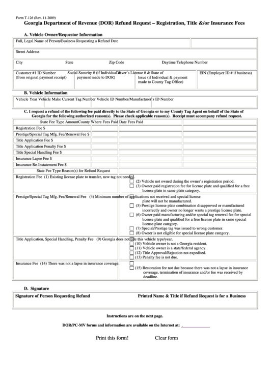 Fillable Form T-126 - Refund Request - Registration, Title &/or Insurance Fees Printable pdf