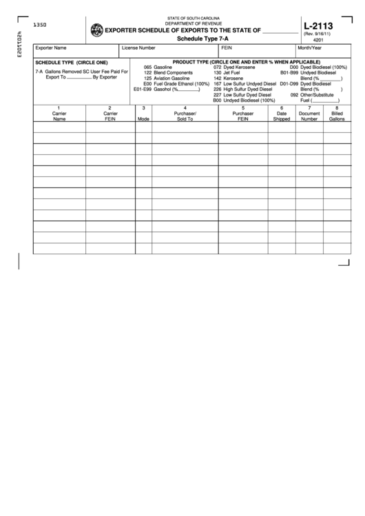 Form L-2113 - Schedule Type 7-A - Exporter Schedule Of Exports To The State Printable pdf