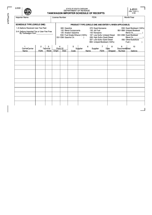 Form L-2111 - Tankwagon Importer Schedule Of Receipts Department Of Revenue Printable pdf