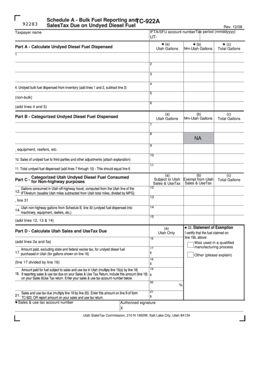 Fillable Form Tc-922a - Schedule A - Bulk Fuel Reporting And Sales Tax Due On Undyed Diesel Fuel Printable pdf