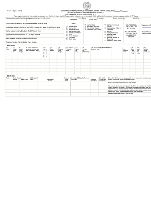 Fillable Form T-140 - Schedule C - International Registration Plan (Irp) Suppplemental Application For Reg Printable pdf