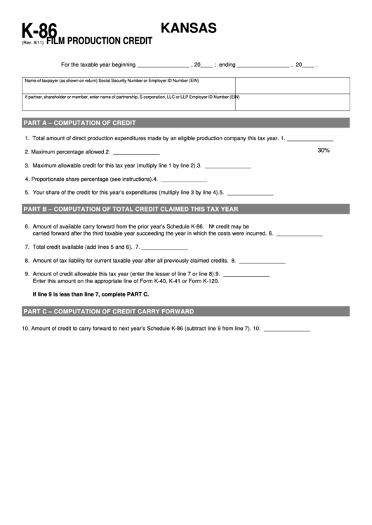 Fillable Schedule K-86 - Kansas Film Production Credit Printable pdf