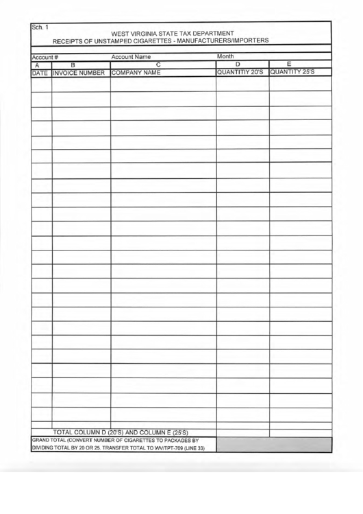 Fillable Schedule 1 - Receipts Of Unstamped Cigarettes - Manufacturers/importers Printable pdf