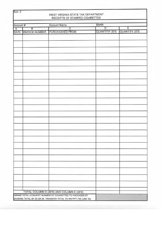 Fillable Schedule 2 - Receipts Of Stamped Cigarettes Printable pdf
