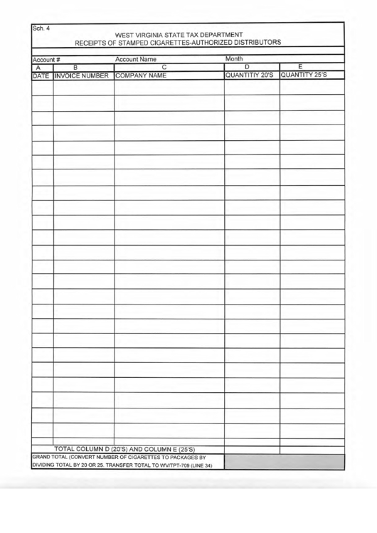 Fillable Schedule 4 - Receipts Of Stamped Cigarettes - Authorized Distributors Printable pdf