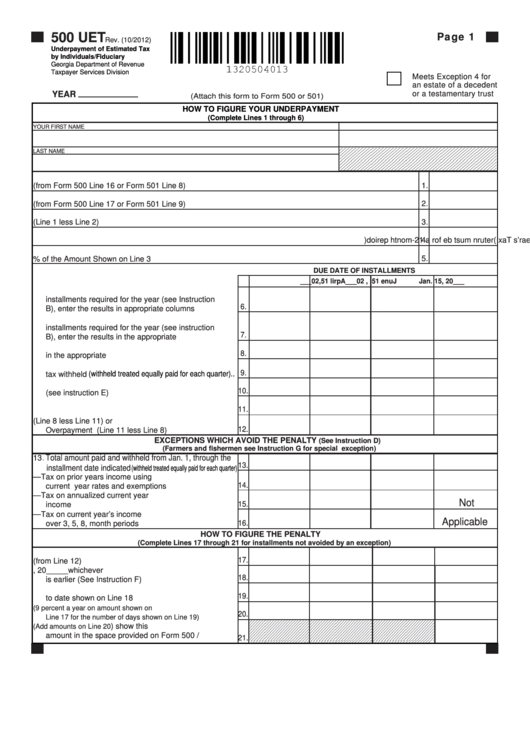 Fillable Form 500 Uet - Underpayment Of Estimated Tax By Individuals/fiduciary Printable pdf