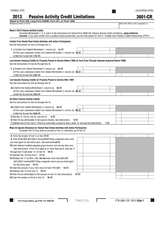 Fillable California Form 3801-Cr - Passive Activity Credit Limitations - 2013 Printable pdf