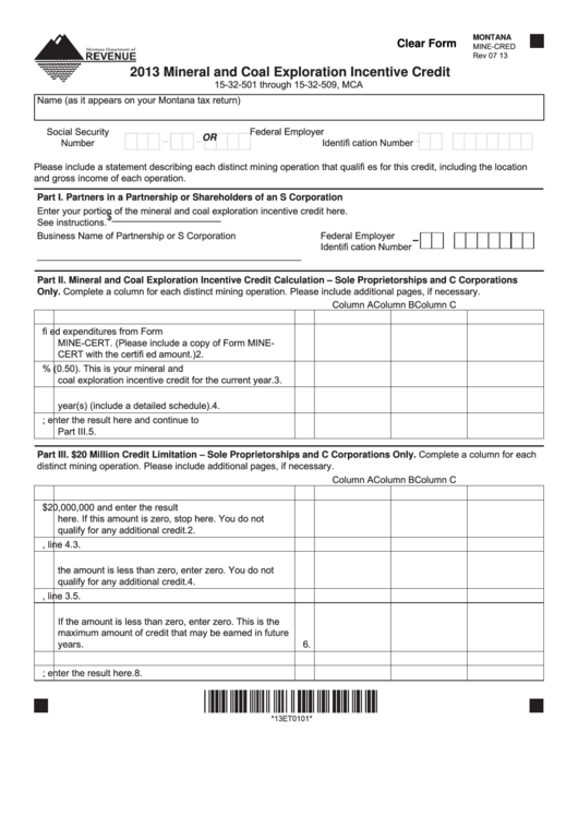 Fillable Form Mine-Cred - Mineral And Coal Exploration Incentive Credit - 2013 Printable pdf