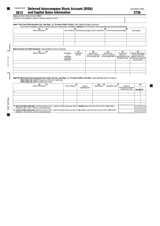 Fillable California Form 3726 - Deferred Intercompany Stock Account (Disa) And Capital Gains Information - 2013 Printable pdf