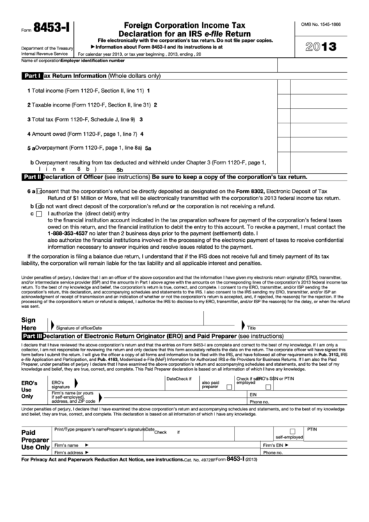 Form 8453-i - Foreign Corporation Income Tax Declaration For An Irs E-file Return - 2013