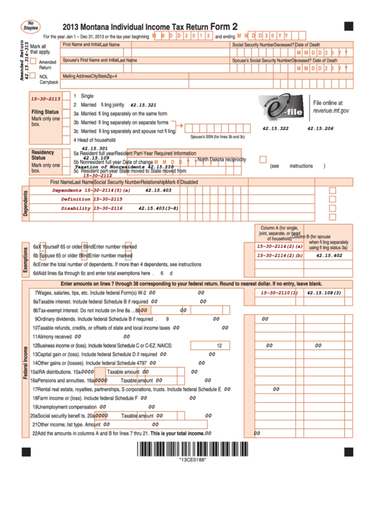 Fillable Form 2 Montana Individual Income Tax Return 2013 Printable 